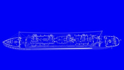 Wall Mural - 3d rendering of a blue print ship in white lines on a blue background