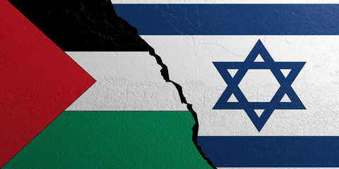 Wall Mural - Palestine and Israel flag, plastered wall background. 3d illustration