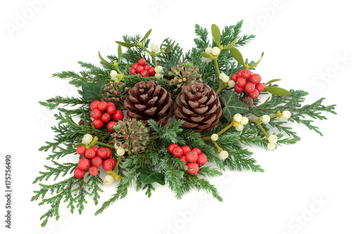 Winter And Christmas Table Decoration Holly With Mistletoe Ivy