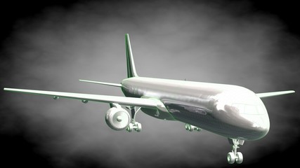  3d rendering of a reflective airplane with green outlined lines as blueprint on dark background