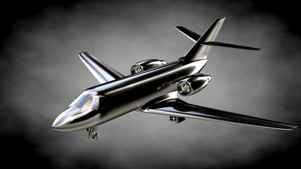  3d rendering of a metalic reflective airplane on a dark background