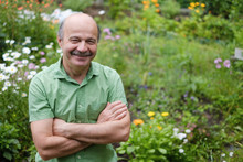 An Elderly Man With A Mustache And A Bald Spot In A Green T-shirt Is Standing Among Flowers In The Summer Garden, Arms Crossed And Smiling.