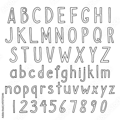 Hand Drawn Alphabet In Thin Linear Style Vector Set Of Simple Semi Bold Letters And Numbers Sans Serif Black Handwritten Font On Isolated White Background Stock Vector Adobe Stock