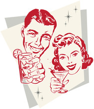 Smiling 1950s Couple Raising A Toast With Cocktail Glasses