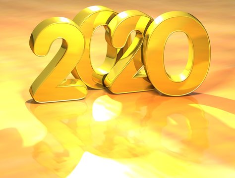 3D Gold Number 2020 Happy New Year over yellow background with reflecions.