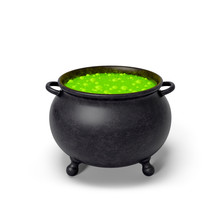 Cauldron With Green Magic Boiling Charmful Bubble Potion Or Fairy Witching Toxic Poison Soup. Object For Halloween, Horror Or Fantastic Themes