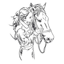 Girl And Horse, Hand-drawn Illustration Vector