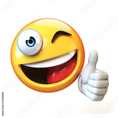 Thumb up emoji isolated on white background, emoticon giving likes 3d