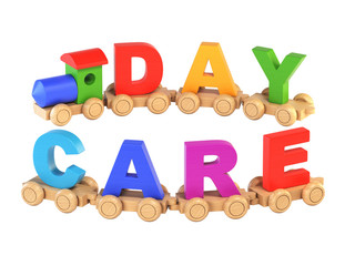Poster - wooden toy train with day care letters as railroad cars 3d rendering