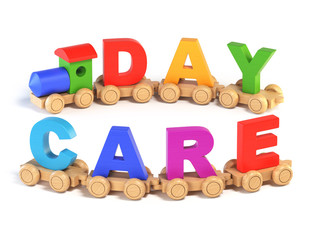 Poster - wooden toy train with day care letters as railroad cars 3d rendering