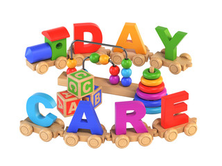 Poster - wooden toy train with day care letters as railroad cars 3d rendering