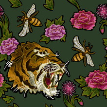 Tiger, Bee And Peony Flowers Embroidery P-attern For Textile Design.