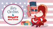 Merry Christmas And Happy New Year Greeting Card With Santa Claus Sitting Hold Usa Flag Winter Holidays Banner Concept Flat Vector Illustration