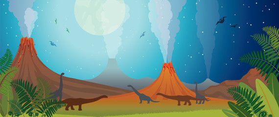 Plakat dinozaur niebo wulkan