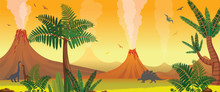 Prehistoric Nature Landscape - Volcanoes, Dinosaurs, Fern.