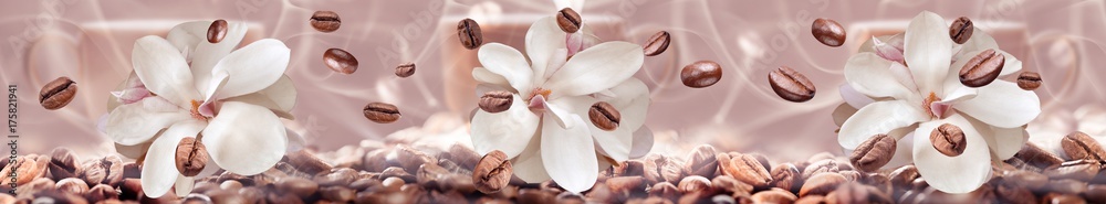 coffee beans on the floral background - obrazy, fototapety, plakaty 