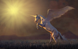 Fototapeta  - Pink unicorn with the wings reared in the grass on mountains background