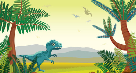 Poster - Prehistoric nature landscape - volcanoes, dinosaurs, mountains, fern.