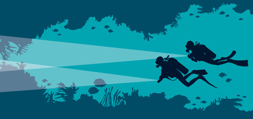 Wall Mural - Scuba divers, underwater cave, fish, corals, sea.