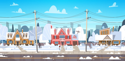 Wall Mural - Village Winter Landscape House Buildings With Snow On Top City Or Town Suburb Street Flat Vector Illustration