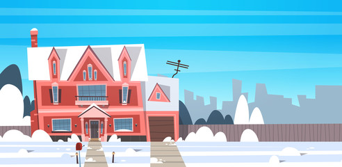 Wall Mural - Village Winter Landscape House Building With Snow On Top City Or Town Suburb Street Flat Vector Illustration