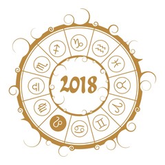 Wall Mural - Astrological symbols in the circle. Leo sign. New Year and Christmas celebration card template. Zodiac circle with 2018 new year number.