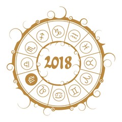 Wall Mural - Astrological symbols in the circle. Maiden sign. New Year and Christmas celebration card template. Zodiac circle with 2018 new year number.