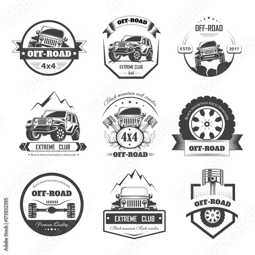 Fotografia  Off-road extreme car or auto driver club vector icons template set