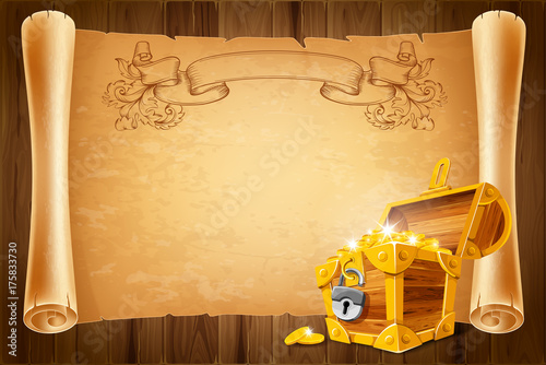 Fotografía Treasure chest and antique scroll