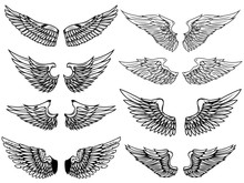 Set Of Vintage Wings Illustrations Isolated On White Background. Design Element For Logo, Label, Emblem, Sign. Vector Illustration.
