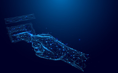 Poster - hand pulling in debit card at atm from lines and triangles, point connecting network on blue backgro