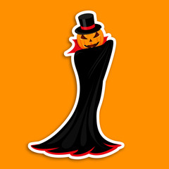 Sticker - Halloween pumpkin sticker in cloak and vampire hat. Vector illustration. The signs for happy Halloween.