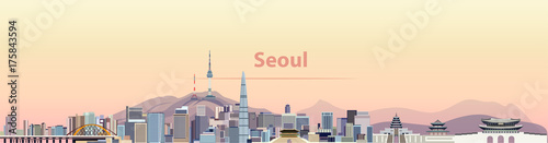 Photo vector illustration of Seoul city skyline at sunrise