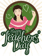 Female Teacher with Chalk and Doodles Celebrating Her Day, Vector Illustration
