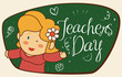 Cute Female Educator with Flower Celebrating Teachers' Day, Vector Illustration