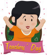 Happy Female Teacher over Confetti Shower in Teachers' Day, Vector Illustration