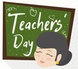Female Senior Educator and Chalkboard with Greetings for Teachers' Day, Vector Illustration