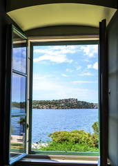 Sea view through the window.