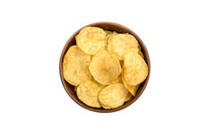 Bowl With Potato Chips Isolated On White. Top View.