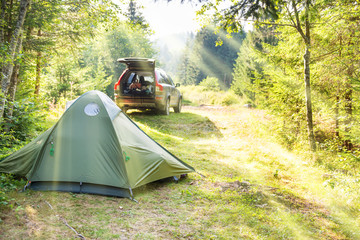 Cozy camping with tent and a car