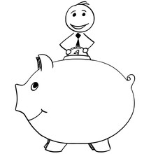 Smiling Businessman Inserting Coin in to Piggy Bank