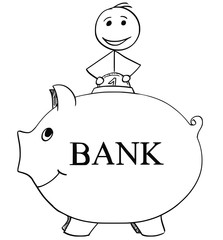 Poster - Smiling Man Inserting Coin in to Piggy Bank