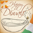 Hand Drawn of Diya with Flag and Petals for Diwali , Vector Illustration
