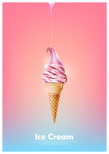 Pink Soft Ice Cream Cone, Pour Melted Pink Syrup, Strawberry Milk Flavor, Vector Illustration