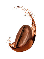 Wall Mural - Coffee bean wrapped in coffee splash close-up, isolated on white background