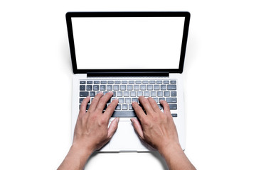 Top view, Male's hand working by using and typing on white laptop with blank white screen. Isolated on white background with clipping path.