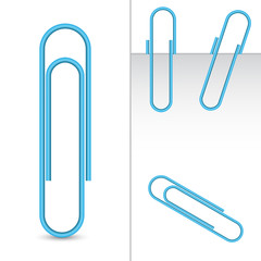 Set of 3d style blue paper clip set isolated on white background. Illustration of an office and school accessory.