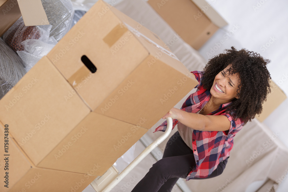 woman struggling carrying heavy carton box with furniture - obrazy, fototapety, plakaty 