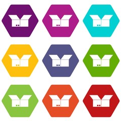 Poster - Opened cardboard box icon set color hexahedron