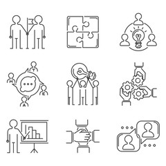 Wall Mural - Business teamwork teambuilding thin line icons work command management outline human resources concept vector illustration